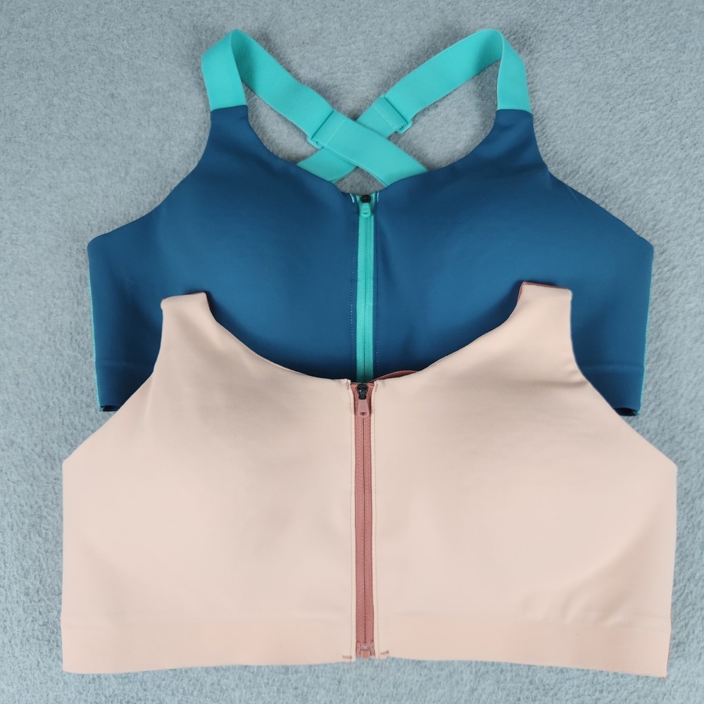 Duluth Trading Co Sports Bra Womens 12 Blue Pink Workout Front Zip Lot of 2